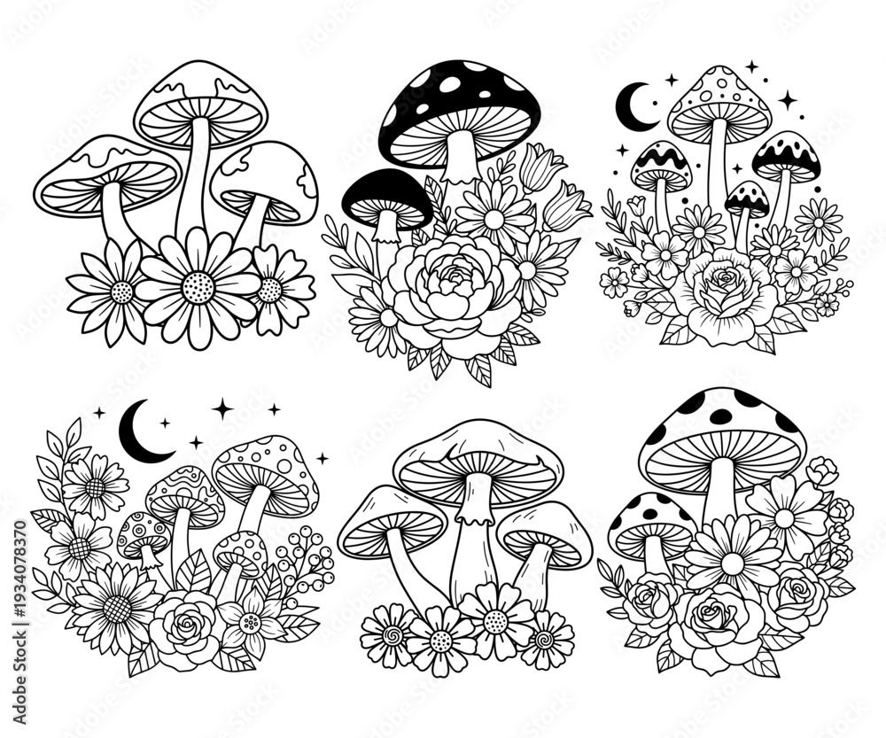 Obraz premium Collection Of Magic Mushroom Compositions With Garden Flowers And Moon Phases, Bohemian Botanical Fungus Bundle For Nature Lovers And Witches