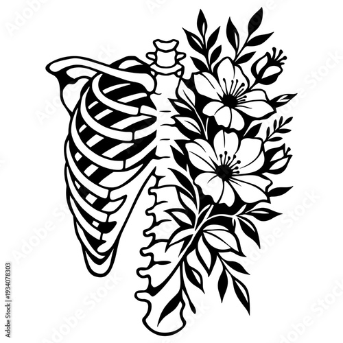 Human Rib Cage And Spine Skeleton Anatomy Combined With Elegant Wildflowers And Leaves, Aesthetic Medical Gothic Botanical Art Composition