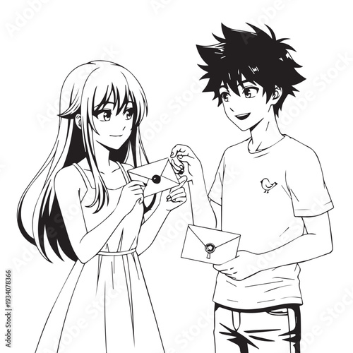 Two young characters exchange letters in a playful illustration.