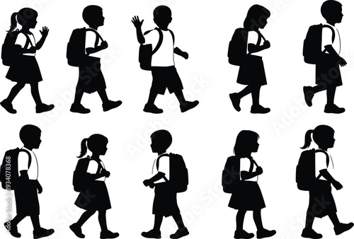 Black silhouette illustration, children walking backpacks, school routine, boys and girls, education theme, daily activity, childhood concept, student group, flavector