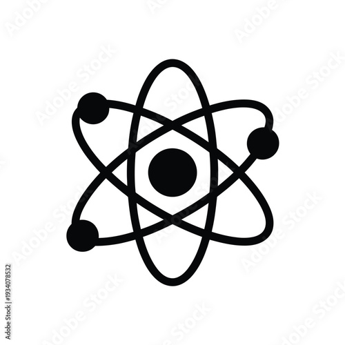 Simple black and white illustration of an atom with orbiting electrons