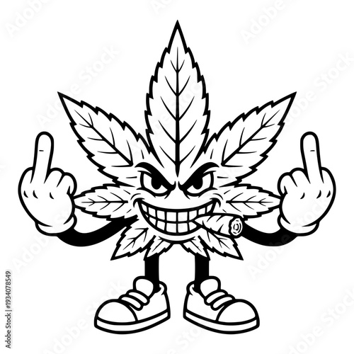 Aggressive Cartoon Cannabis Marijuana Leaf Character Smoking A Joint And Showing Middle Fingers, Edgy Streetwear Culture Graphic Design Humor