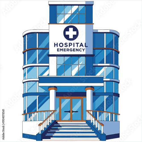 Modern hospital building exterior with emergency entrance and blue glass facade