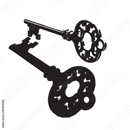 Two Vintage Skeleton Keys Resting Together on a White Background.