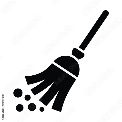 A simple black and white icon depicting a broom sweeping debris