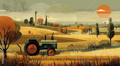 A tractor is driving on the field, with a lighthouse in the background and several radio waves above it.