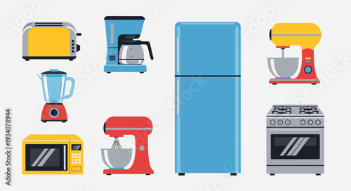 Colorful flat illustration of various kitchen appliances on white background