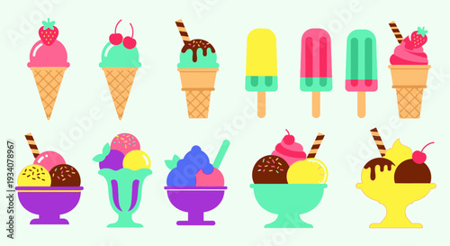 Colorful ice cream cones and sundaes on white background flat vector design