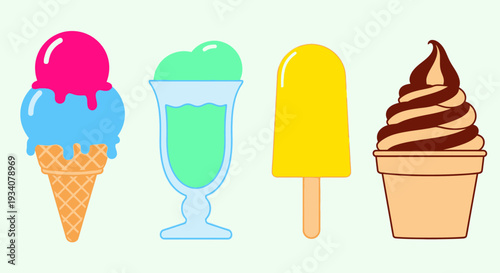 Colorful ice cream treats assortment on a light background for summer