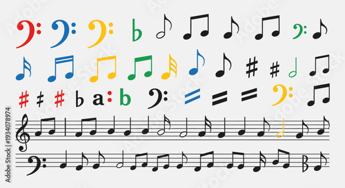 Colorful music notes and symbols graphic isolated on white background