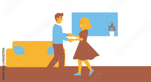 Couple dancing indoors with minimalist flat design in a warm inviting space