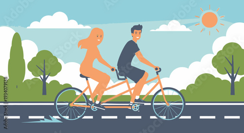 Couple riding tandem bicycle on road under sunny sky in vector illustration