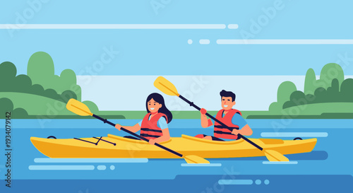 Couple kayaking on lake day vector illustration recreation leisure