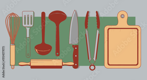 Culinary tools illustration whisk spatula ladle knife rolling pin tong cutting board