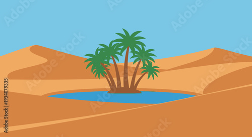 Desert oasis illustration palm trees and water in a sandy environment
