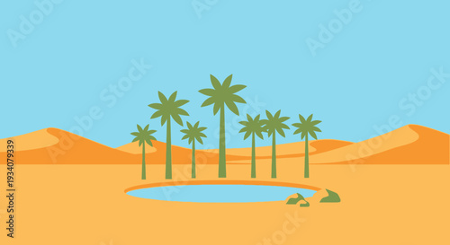Desert oasis illustration palm trees waterhole sand dunes landscape