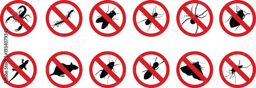 Set of Pest Control Warning Signs with Insect Silhouettes in Red Prohibition Circles, Vector Icons for Extermination Service and Hygiene Concept.