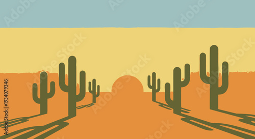Desert landscape with cacti and setting sun against a light blue sky