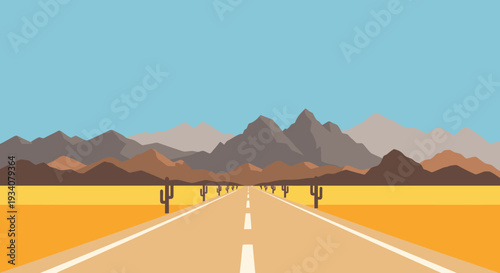 Desert road perspective leading towards distant mountains under a blue sky