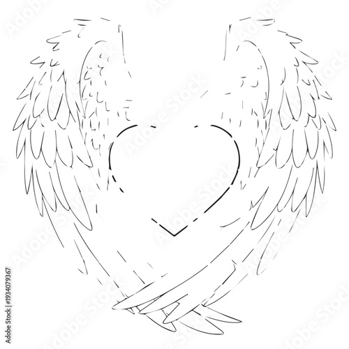 Delicate winged heart lineart illustration featuring graceful feathers and a central heart motif.
