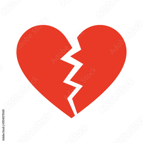 A vibrant red heart shape is visually fractured into two pieces