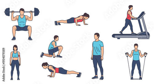 Diverse fitness illustrations weightlifting treadmill push ups and exercise