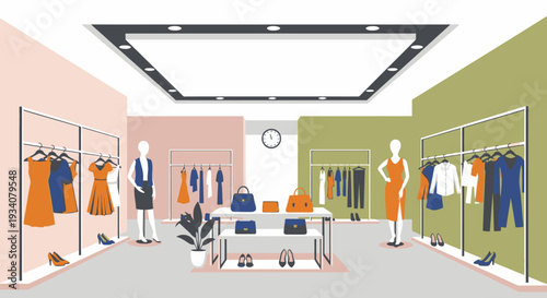 Fashion boutique interior with clothes on racks and mannequins