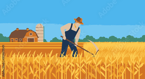 Farmer harvesting wheat in a sunny field near a rural barn illustration
