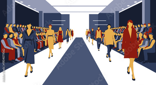 Fashion show runway models walking with audience vector illustration