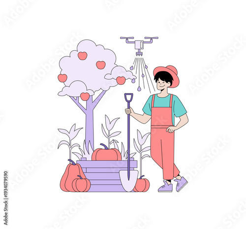 Vector Illustration of a Farmer with Apple Tree and Drone