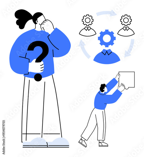 Problem-solving concept. A person contemplating a question mark and a workflow process with team icons and gears. Problem-solving in teamwork, strategy, brainstorming applications