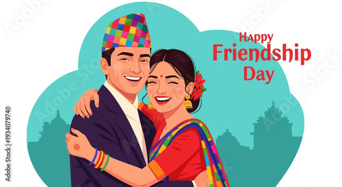 Happy Friendship Day: Joyful Nepali Couple Embracing, Celebrating South Asian Bond & Culture in a Vibrant Vector Illustration