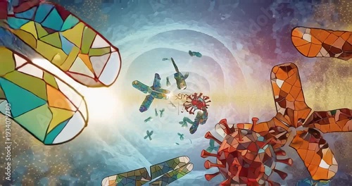 Virus cells in a swirling motion.