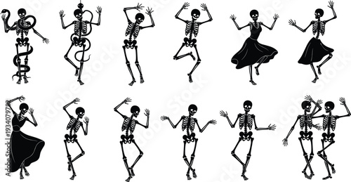Dancing skeleton silhouettes collection, spooky Halloween characters in various poses isolated on white background for festive decoration design