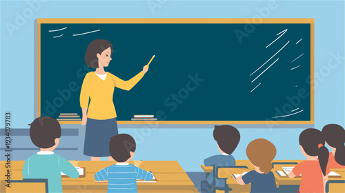 教室で授業をする先生　黒板と子どもの学習シーンのイラスト