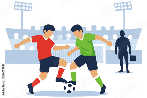 サッカーの1対1ドリブル対決　スタジアムで競り合う選手のフラットイラスト