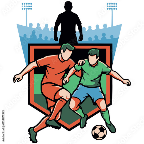 サッカー対決のエンブレム　1対1ドリブルとスタジアムのスポーツアイコン