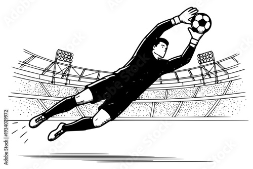 ダイビングセーブするゴールキーパー　サッカー守備のモノクロイラスト