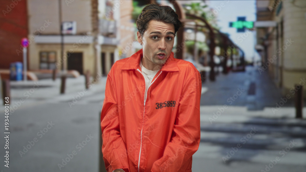 Obraz premium Man prisoner young handsome in orange jumpsuit with cuffed hands and visible handcuffs standing on a city street near storefronts and bollards; remorse solitude.