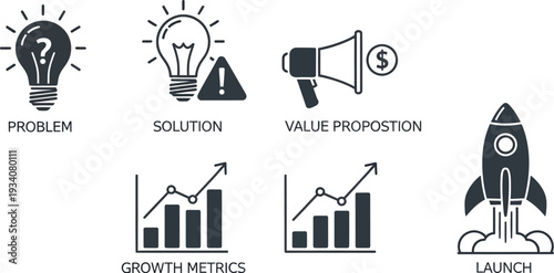 Startup launch infographic with problem solution growth