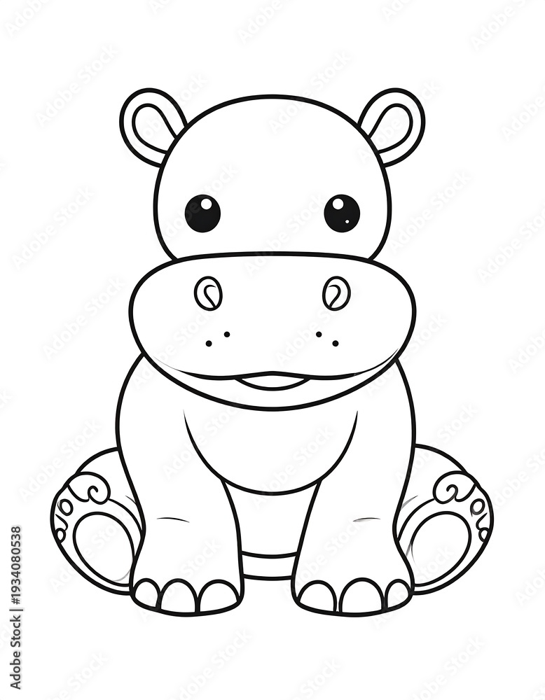Fototapeta premium Adorable hippo cartoon ready to be colored. Outlined illustration of a cute, friendly, sitting hippo with large eyes