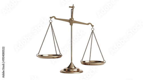 Antique balance scale in classic design with golden finish on transparent background for law and justice