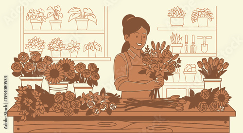 Florist arranging flowers at a shop counter with various bouquets and plants