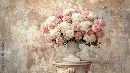 A white vase filled with pink and white flowers sits on a pedestal