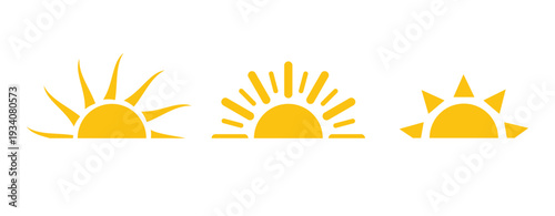 Sunrise sun icon set vector. Yellow half sun with different ray styles. Vector illustration
