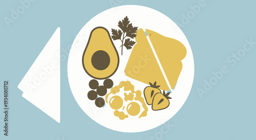 Healthy breakfast illustration of avocado eggs toast and fruit on plate