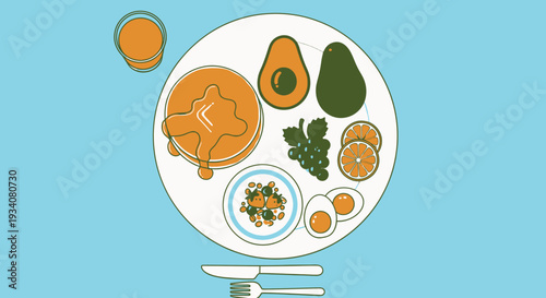 Healthy breakfast meal illustration with pancakes fruit and eggs on plate