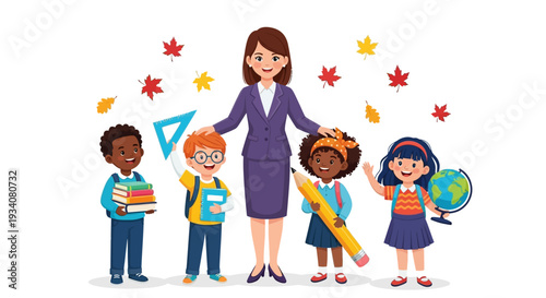 Diverse Elementary Students and Teacher with School Supplies in Autumn. Back to School Education and Learning Concept Illustration.