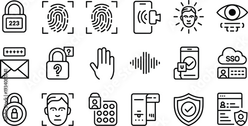 Cybersecurity authentication icons set, fingerprint scan, facial recognition, mobile security, eye scanning, password entry, voice recognition, two factor authentication, shield protection