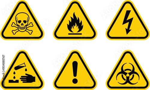 Collection of Hazard Warning Signs – Toxic, Fire, Electric, Chemical and Biohazard Symbols
